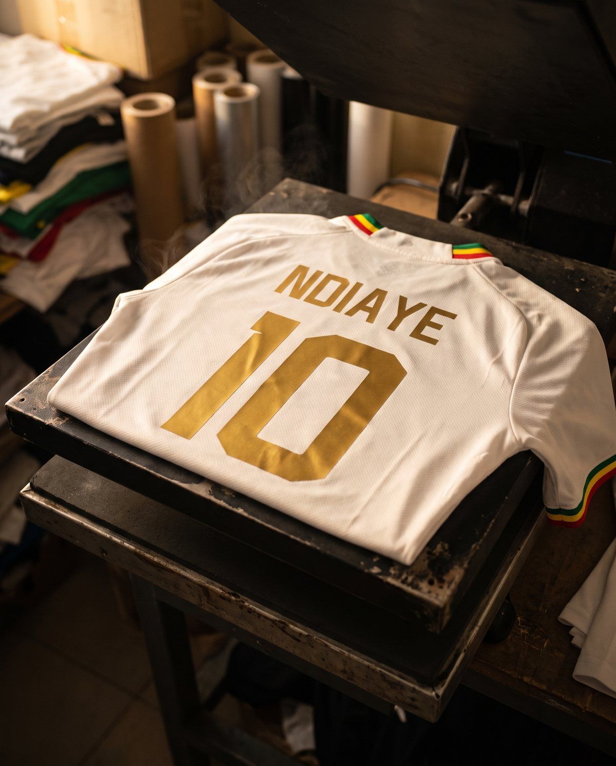 Exemple de dos de maillot floqué NDIAYE 10 en lettres dorées, sur une presse de flocage